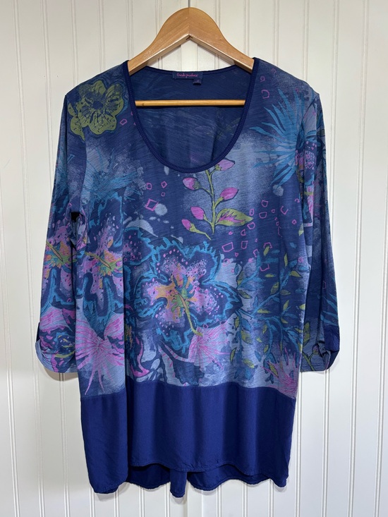 fresh produce Tops - Fresh Produce Floral Tunic Top Blue 3/4 Sleeve Cotton Size Large Artsy